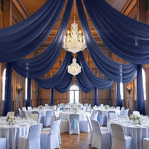 Wedding Ceiling Drapes Navy Blue Chiffon Fabric Drapery 2 Panels 5x20FT Ceiling Covering Fabric Wedding Arches for Ceremony Ceiling Curtains Sheer Backdrop Curtains for Parties Arch Backdrop