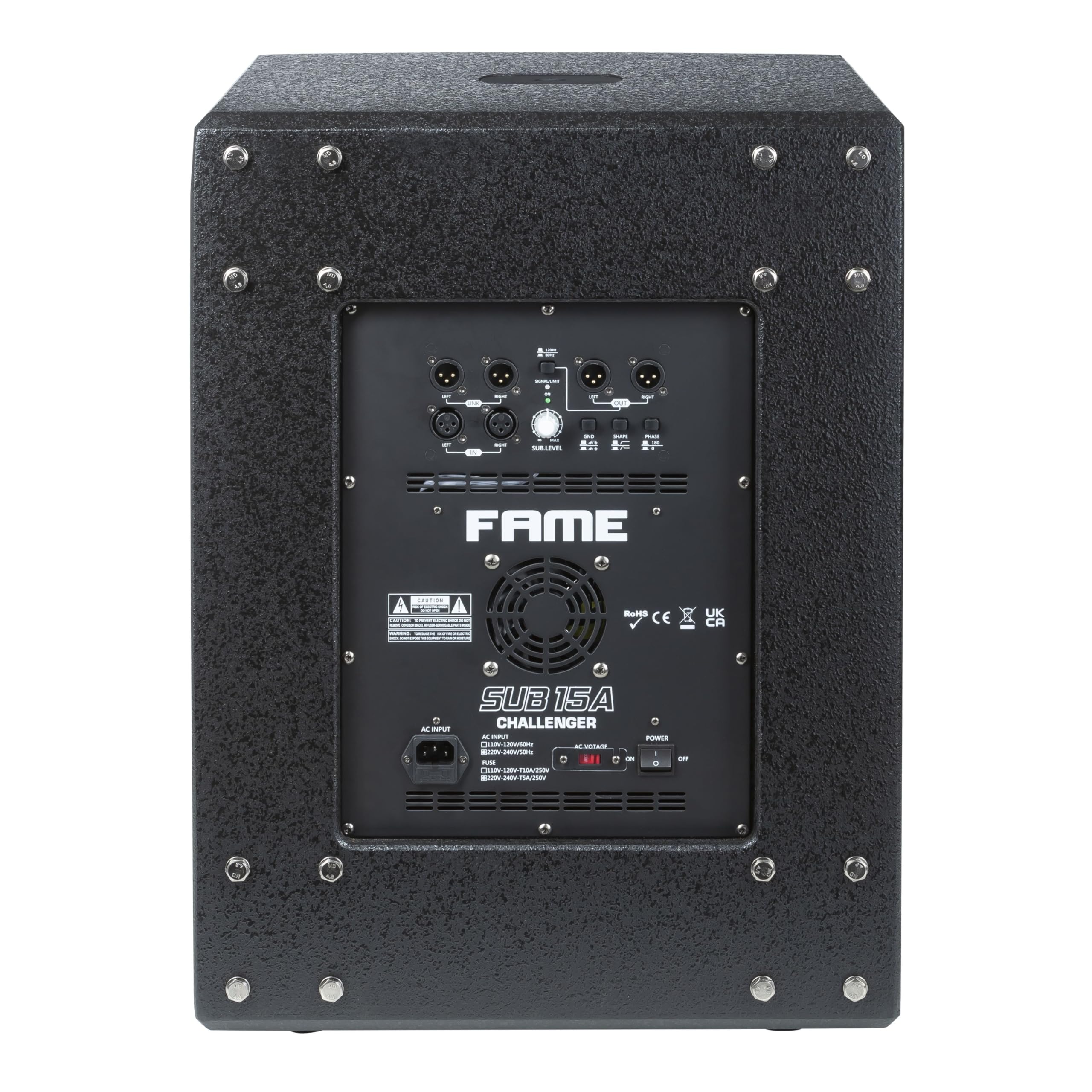 Fame Challenger SUB 15A Aktiver Subwoofer 15 Zoll, 600W RMS, 35-150Hz Frequenzbereich, M20 Gewinde, Holzgehäuse, Integrierte Griffe, Ideal für Konzerte und Veranstaltungen