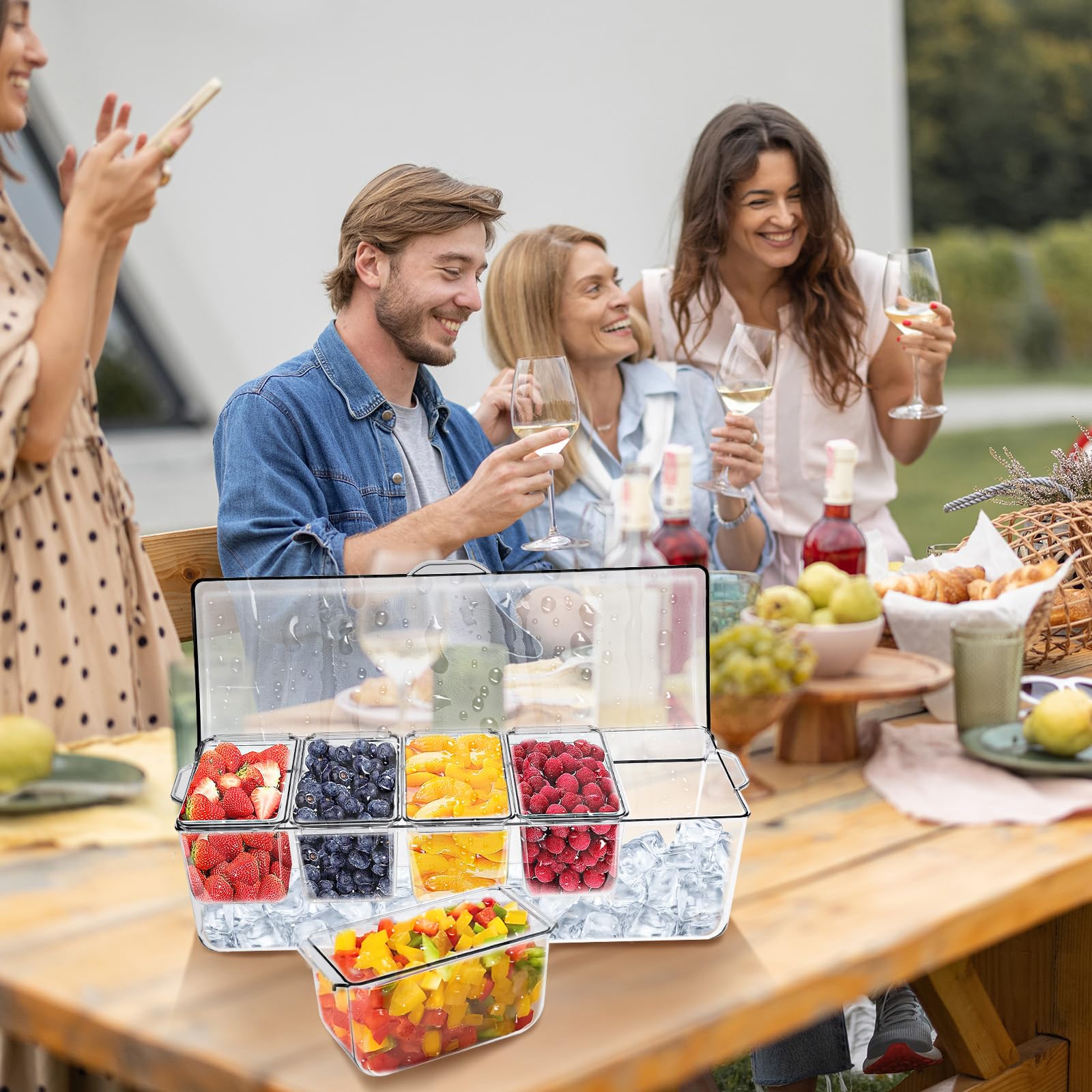 Salatbox Kunststoff,Kühlbox für Picknicks mit 5 abnehmbaren Behältern,Transparente Salatschale mit Deckel für Barzubehör,Obstsalat und Lebensmittel