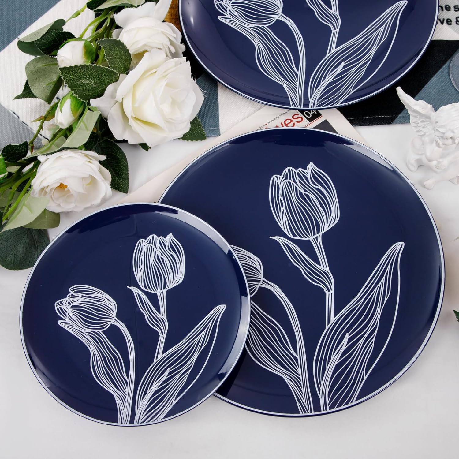 GATHER 40PCS Tulip Flower Plastic Plates - Navy Blue and White Disposable Plates Includes 20 Dinner Plate and 20 Salad Plate - Heavy Duty Fancy Plates for Wedding＆Party&Easter