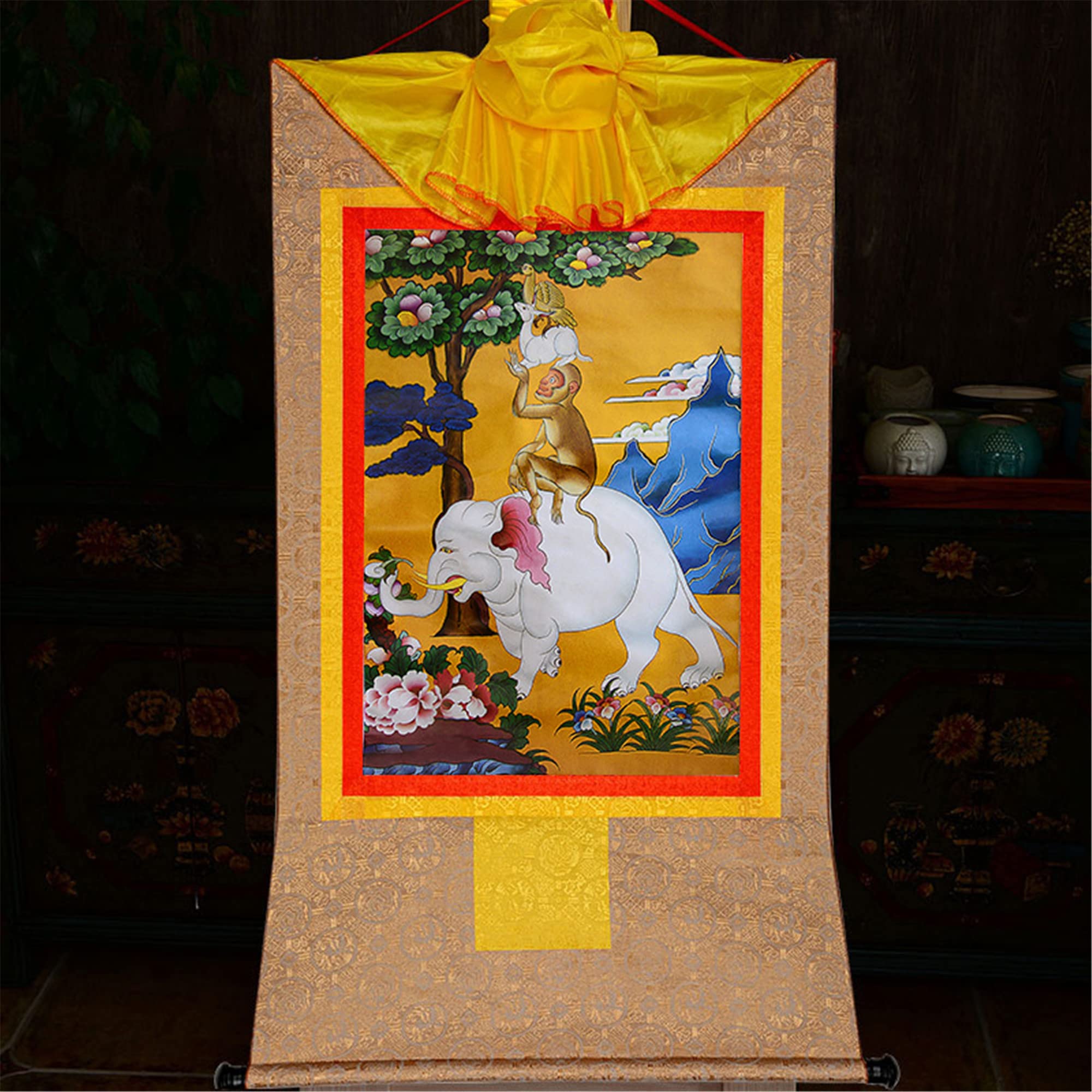 Thangka Tibetisch-buddhistischer Thangka-Brokat-Wandteppich „Vier harmonische Tiere“, Mehrfarbig, mehrere Größen(Beige,XL(120cm*82cm))