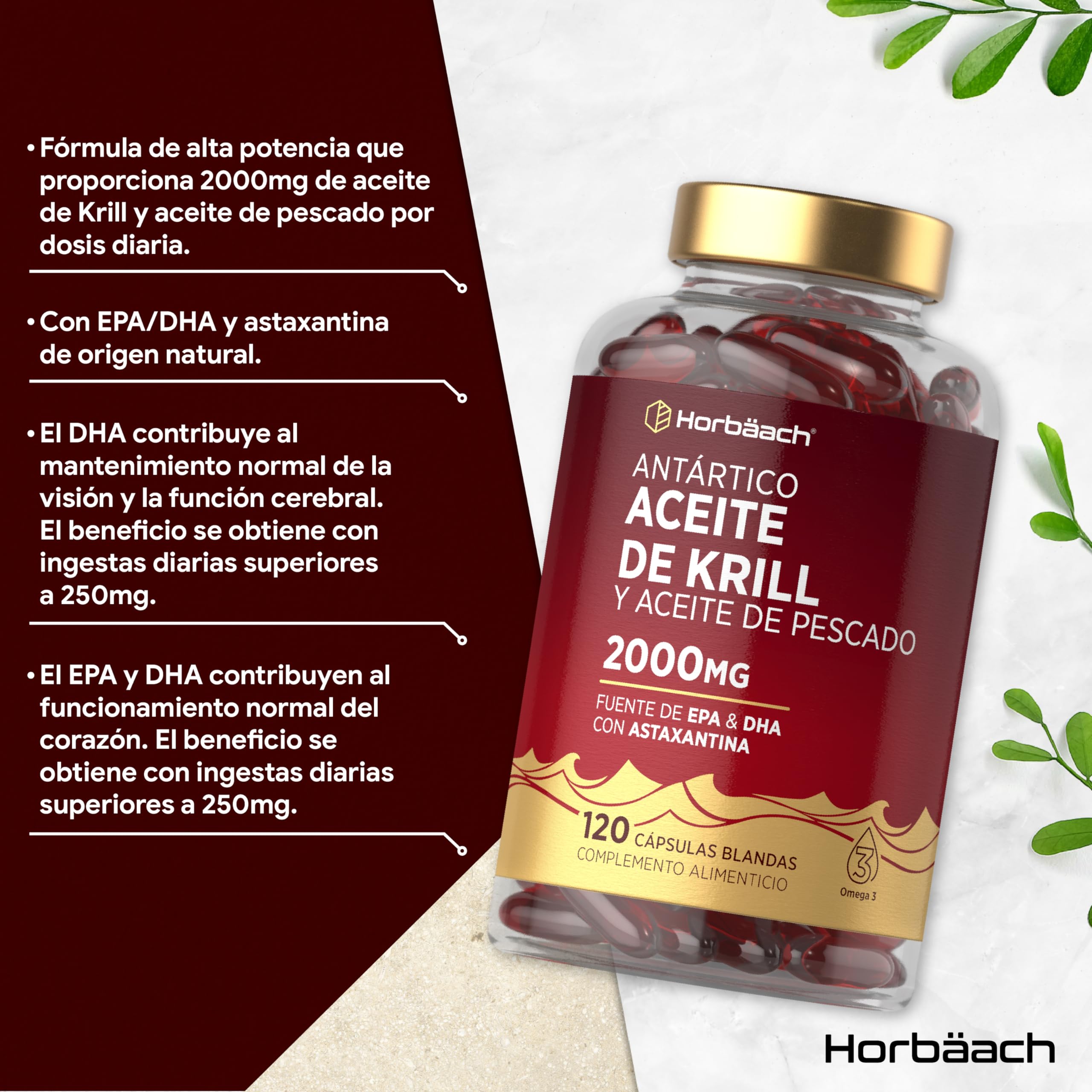 Aceite de Krill Omega 3 Antártico 2000mg | Omega 3 con Astaxantina y Fosfolípidos | 1000mg por cápsula blanda | Ácidos Grasos EPA y DHA | Fish Oil | 120 Perlas | de Horbaach