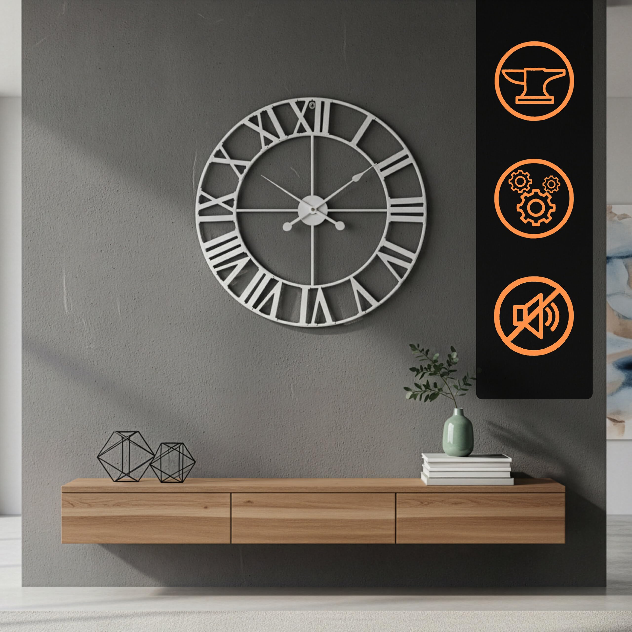 Reloj de Pared Relaxdays, números Romanos, Ø 60 cm, Reloj de salón a Pilas, Hierro, Blanco