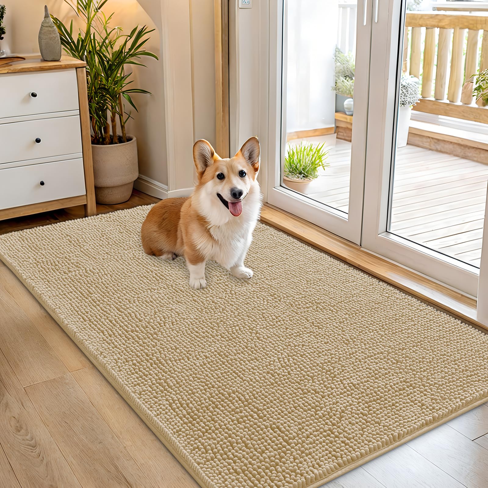 OLANLY Dog Door Mat for Muddy Paws 54x32, Absorbs Moisture and Dirt, Absorbent Non-Slip Washable Doormat, Quick Dry Chenille Mud Mat for Dogs, Entry Indoor Entryway Carpet for Inside Floor, Beige โ image 1