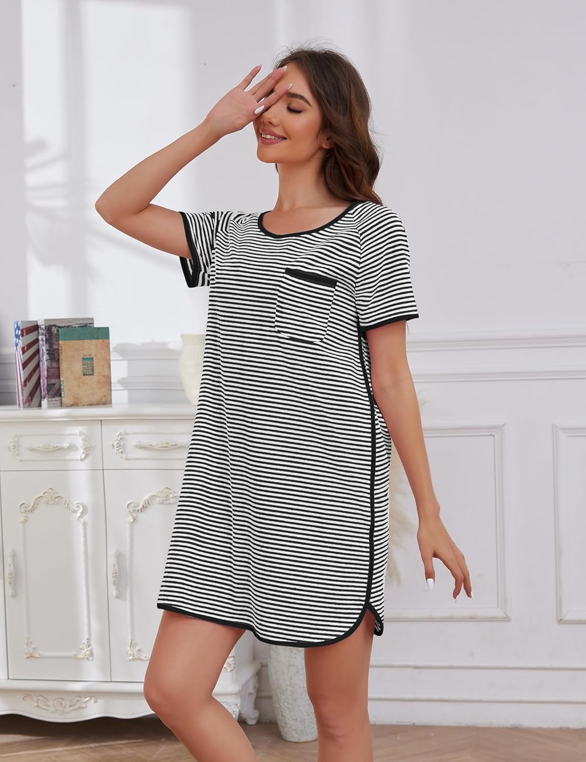 VibeVista 女性用ナイトガウン ソフトコットン ストライプ 寝間着 スリープシャツ 長袖 クルーネック ハウスドレス ナイト  Amazon.co.jp: ナイトガウン,レディース フルピュアローブ プラスサイズ M-3XL 宮殿風バスローブ 朝寝間着 ミディアムロング 春の  ナイトガウン ... VibeVista レディース コットン ナイトガウン 夏 ストライプ ハウス ドレス 半袖 クルーネック 寝間着 スリープシャツ