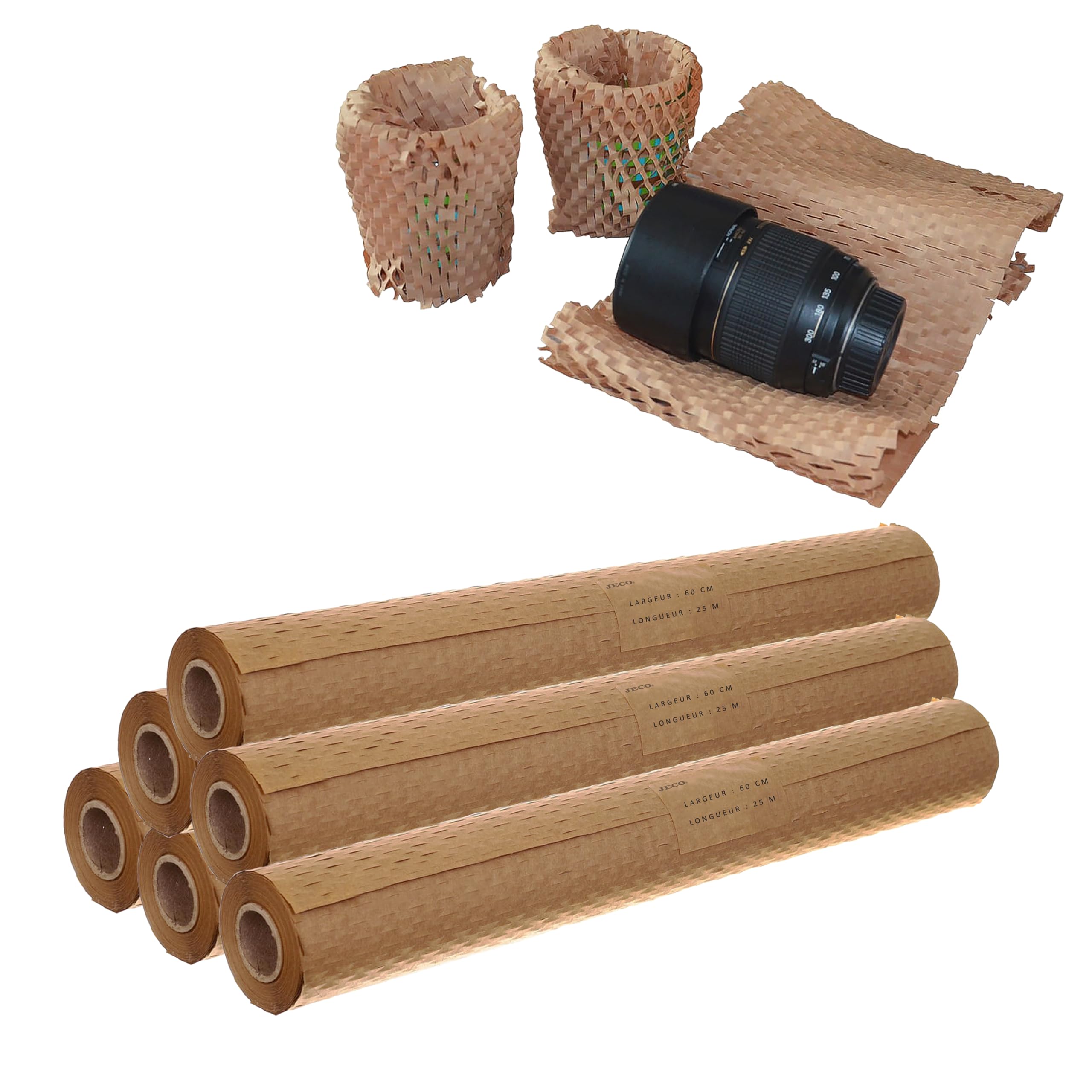 Jeco - Lot de 6 rouleaux de papier kraft en nid d’abeille 60cm x 25m Emballage écologique pour protection, rembourrage, emballage cadeaux, déménagement, remplace le film bulles