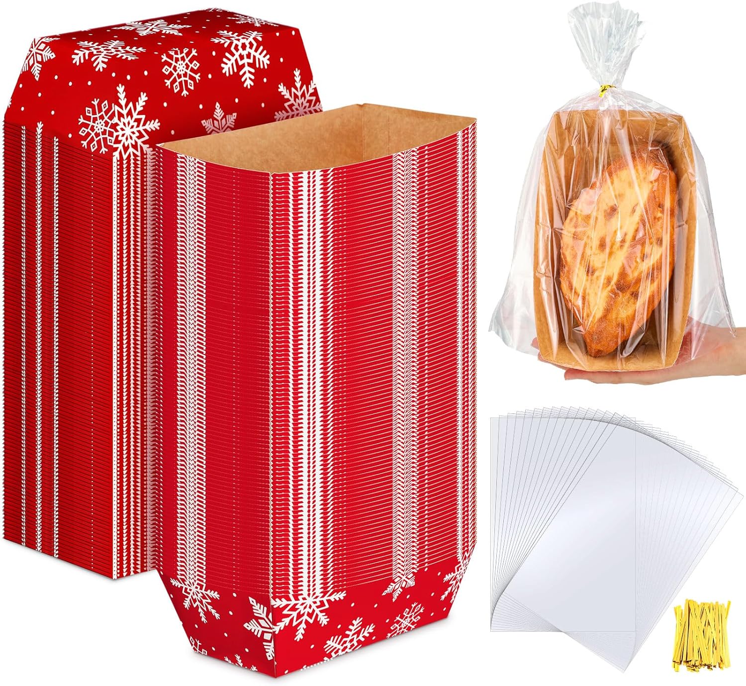 Vesici 100 Sets Large Christmas Paper Loaf Pans 8.6x4.5x2.5 Inch Snowflake Disposable Baking Pans with Ties for Cake Bread Display