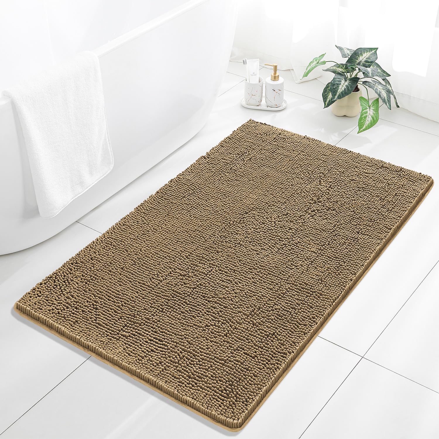 Beige Bathroom Rugs 36"x60" - Large Plush Chenille Non-Slip Runner Bath Mat - Absorbent, Washable, Soft Decor for Shower, Sink, Tub, Floor, Home Accessories