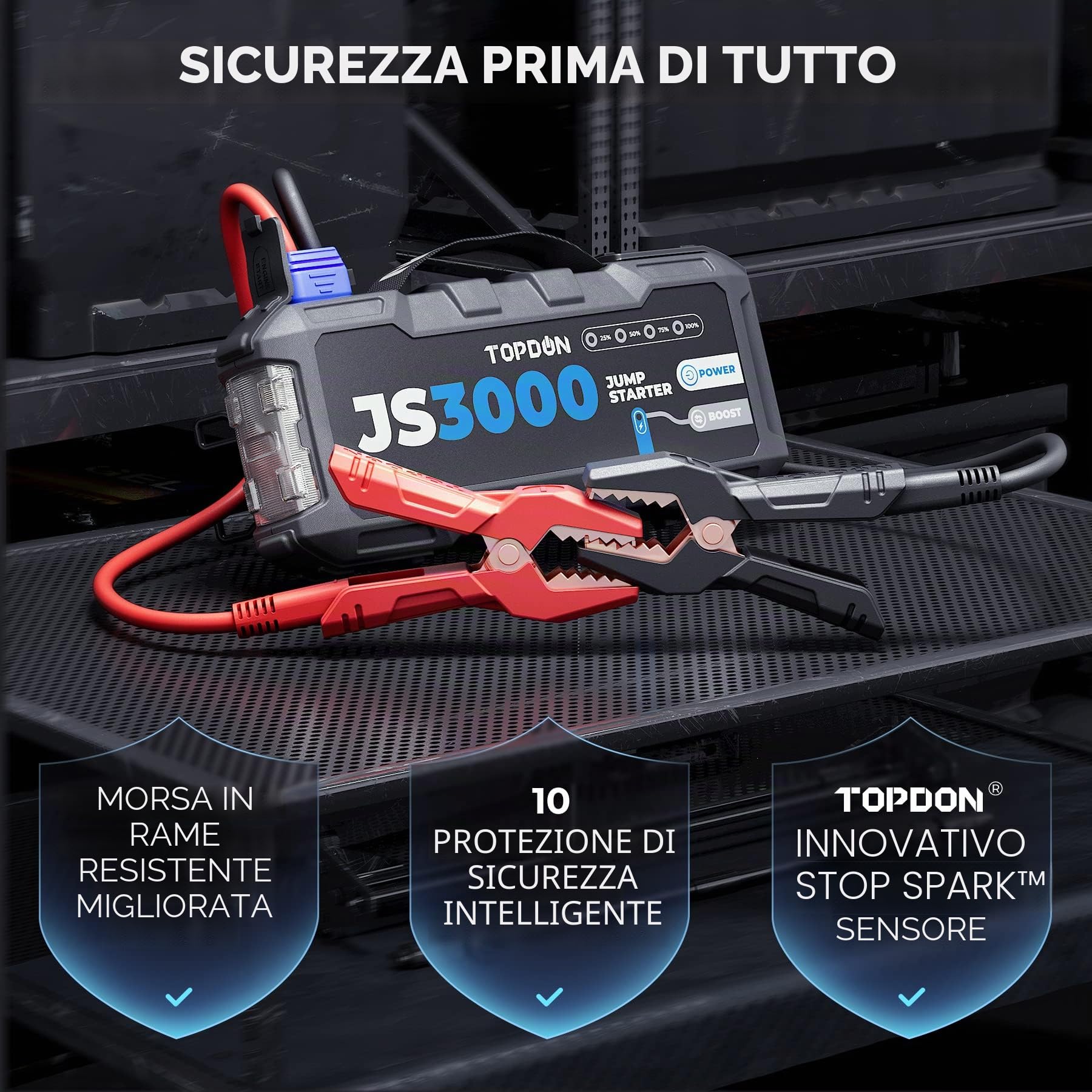 TOPDON JS3000 Avviatore Batteria Auto, 3000A Avviatore di Emergenza per Moto (9.0L Gas o 7L Diesel), 24000mAh Starter Batteria Auto Portatile Jump Start con LED Incorporato