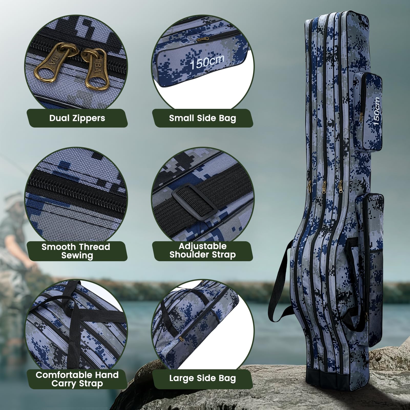 Borsa da Pesca Portatile, 150cm Pieghevole Sacca Canna e Attrezzi con 3 Strati Grande capacità Borsa da Pesca Portatile per Canna Impermeabile Custodia per Canna da Pesca - 5