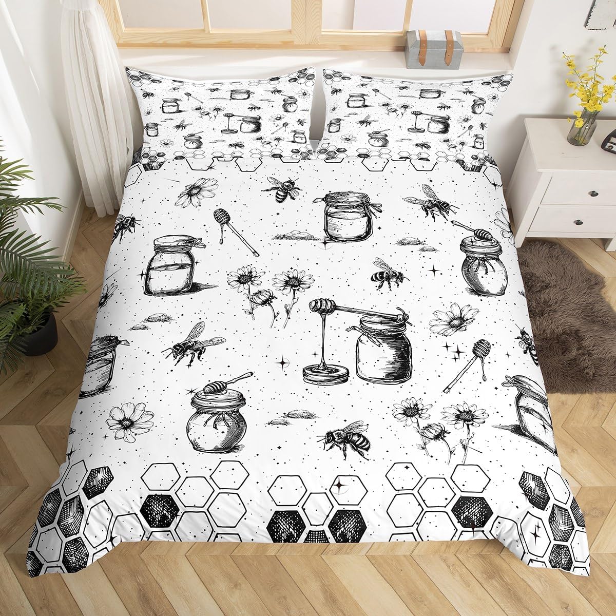 Feelyou Honeycomb Bedding Set King Size Kids Bee Print Geometrical Comforter Cover Set for Boys Girls Teens Hexagonal Floarl Flowers Duvet Cover Blue White Beehive Bedspread Cover Room Decor