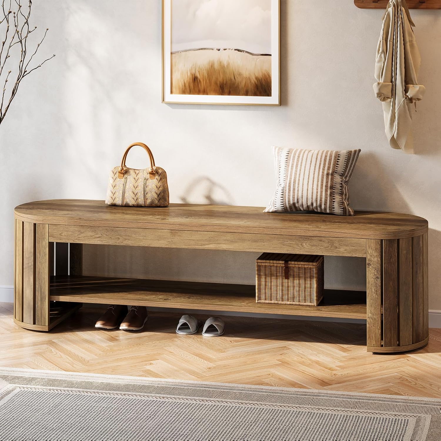 Tribesigns 63" Wooden Entryway Bench with Shoe Storage, Long 2-Tier Narrow Shoe Bench with Arc Vertical Slat Splicing Legs, End of Bed Stool for Bedroom, Entrance, Living Room (Brown)