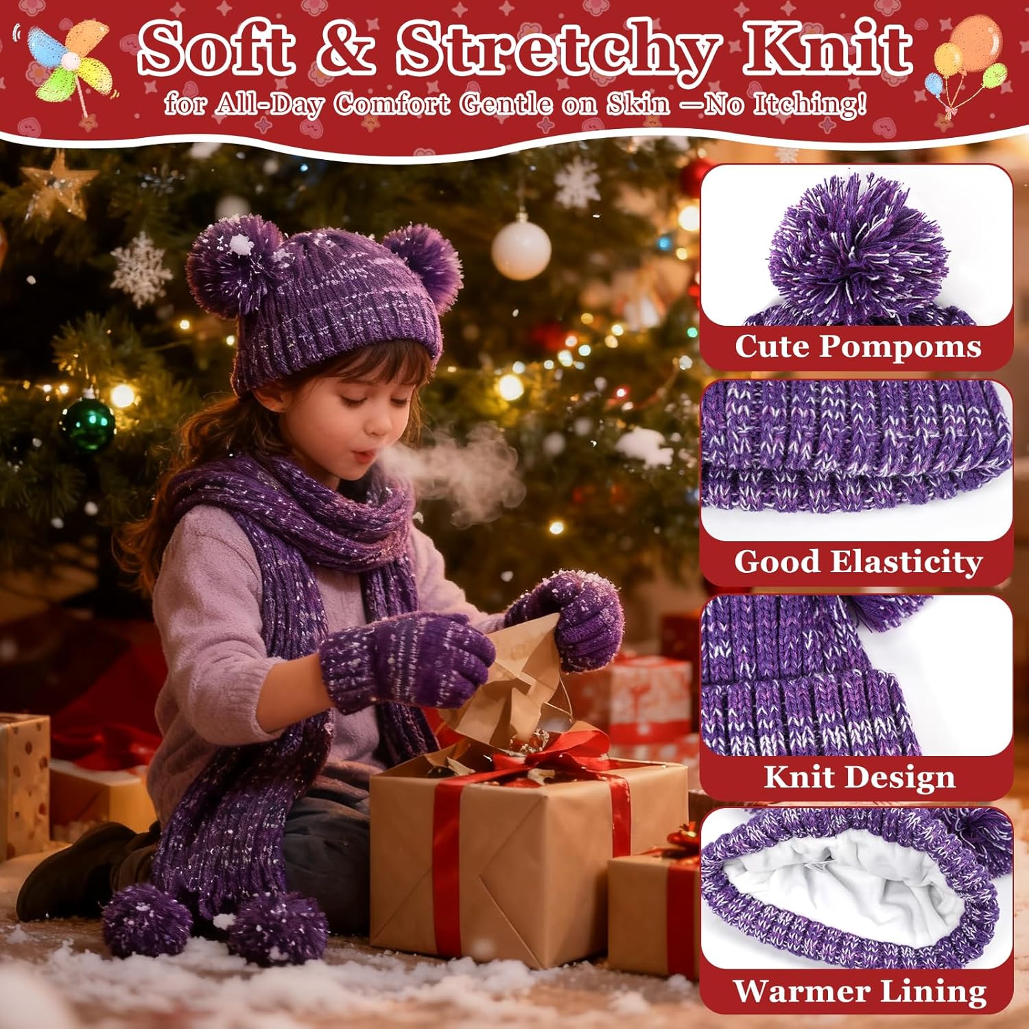 Kids Winter Gloves Hat Scarf for Girls,Ages 3-10 Kids Christmas Gifts,8 7 6 Years Old Girl Wool Beanie Gloves Hat Scarf - Image 3