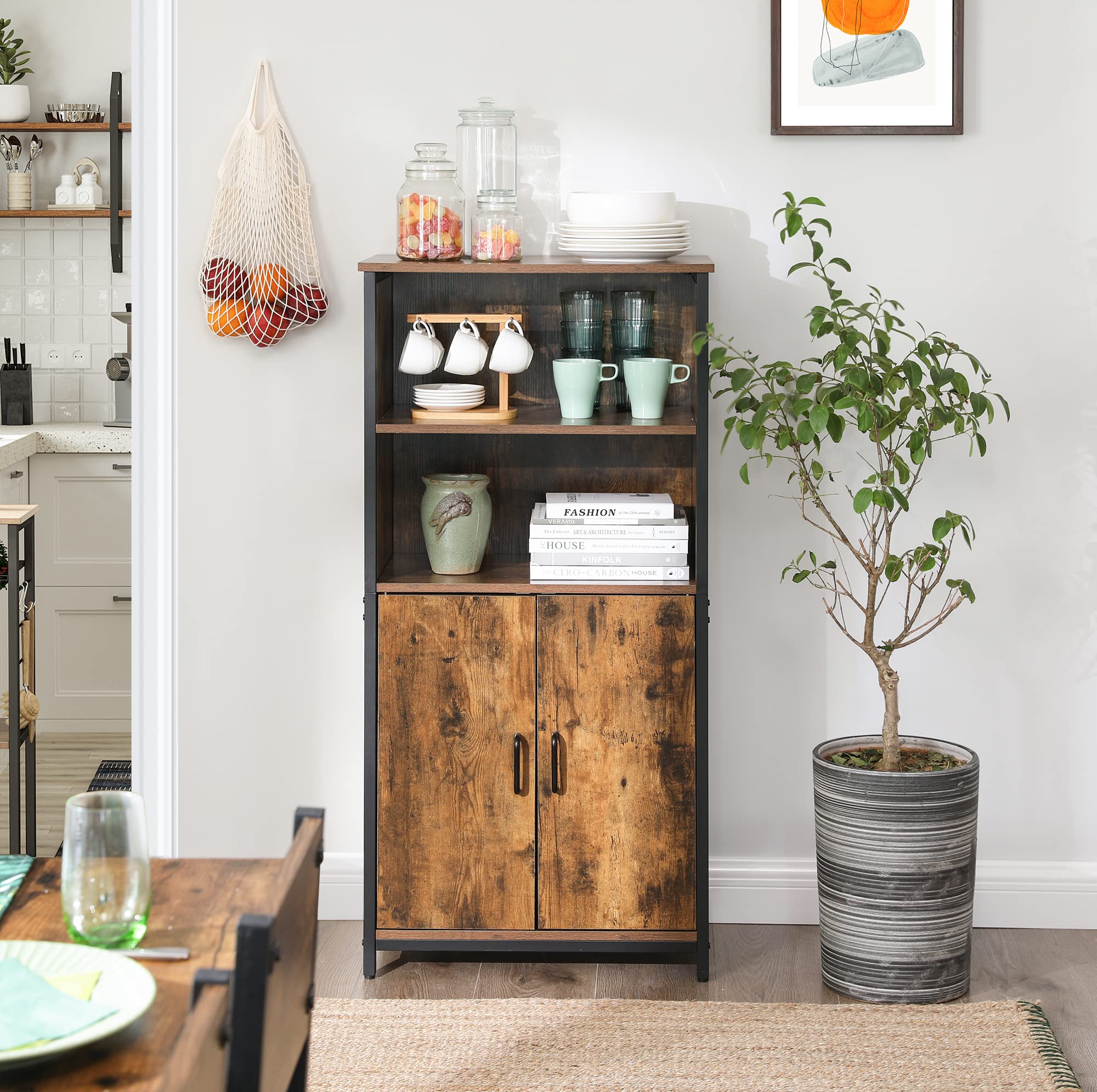 VASAGLE Meuble de Rangement, Buffet, Bibliothèque, 2 Compartiment Ouverts, Étagères Réglables, Cadre en Acier, pour Salon, Cuisine, Bureau, Marron Rustique et Noir LSC66BX