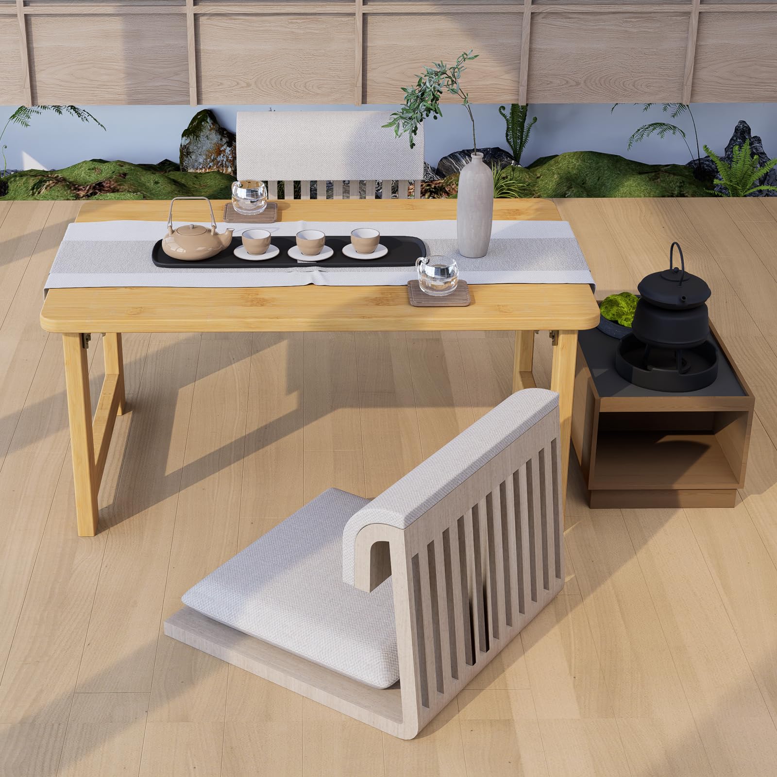 Set di tavolo da pranzo compatto con 4 sedie, design pieghevole ed estensibile, 2 cassetti e 4 ruote, perfetto per piccoli spazi, soggiorno e cucina (finitura naturale)