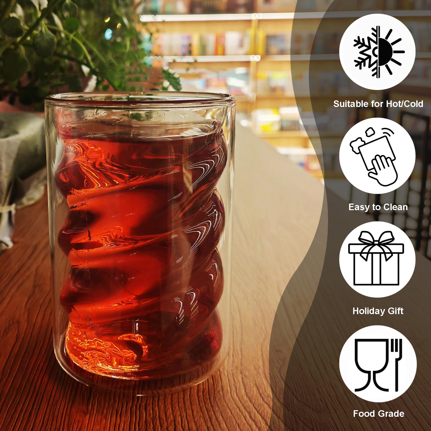 Set 2 Tazze Caffè In Vetro Doppia Parete Con Fiori Secchi E Cucchiai - 180 Ml, Rosa, Regalo - 2