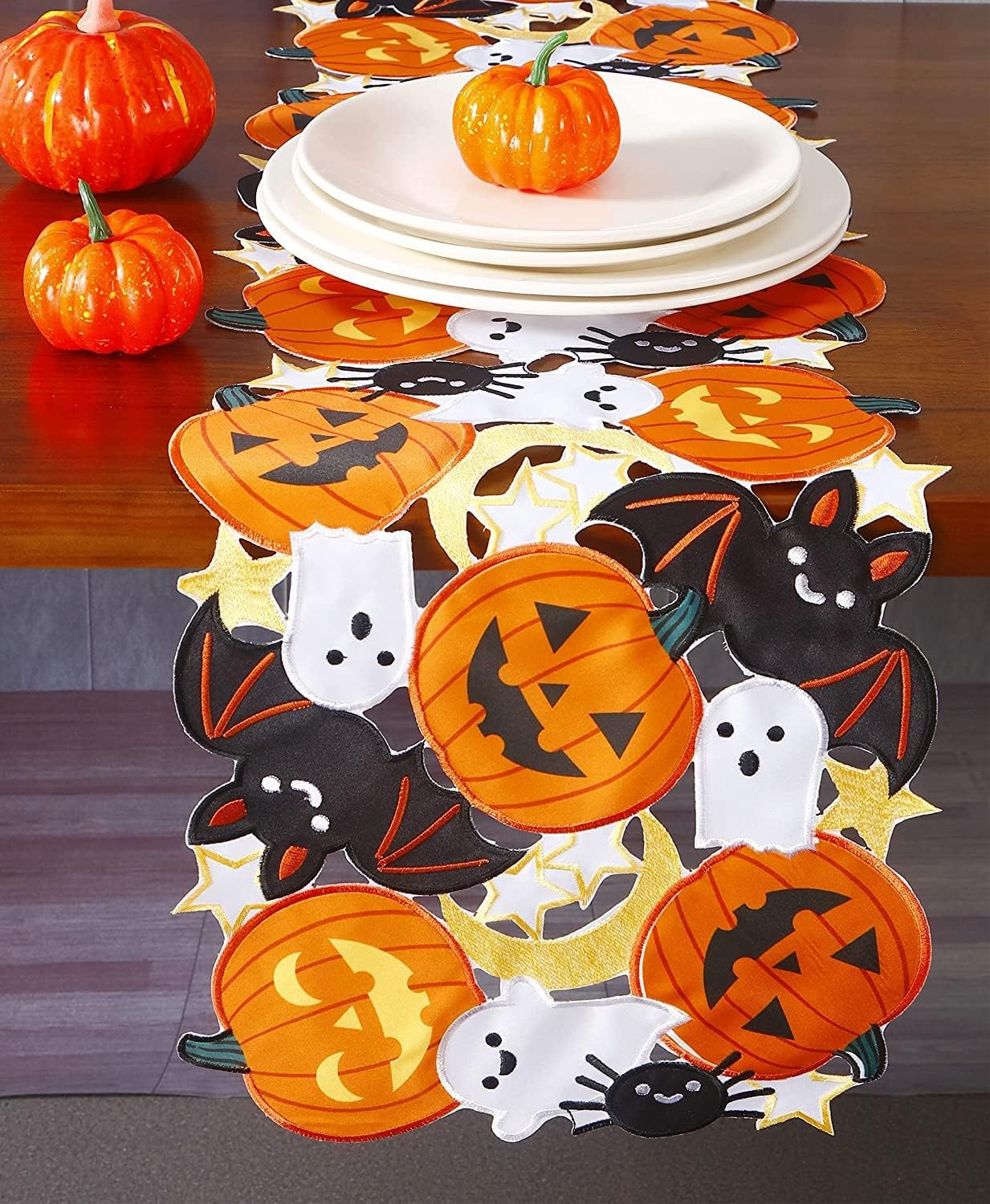Halloween Pumpkin Table Runner and Placemats Cutwork Embroidered Fall Thanksgiving Autumn Harvest Table Decorations for Party Holiday Dinner (Table Runner 13"X68", 1)