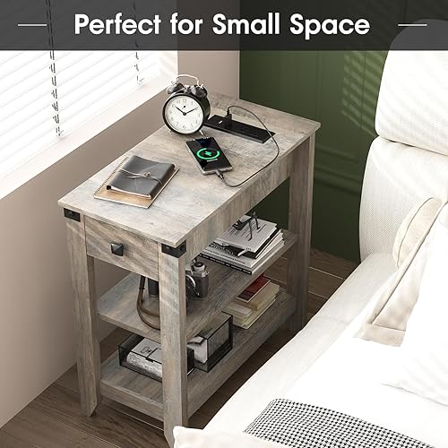 Miniatura 5 de Fameill Juego de 2 mesas auxiliares para sala de estar, mesa auxiliar estrecha con estación de carga, mesita de noche pequeña para espacios