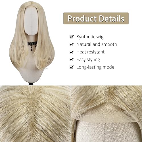 Miniatura 4 de FREE BEAUTY Peluca larga rubia para mujer, peluca de cabello lacio con parte media con encaje de encaje de aspecto natural, peluca de fibra