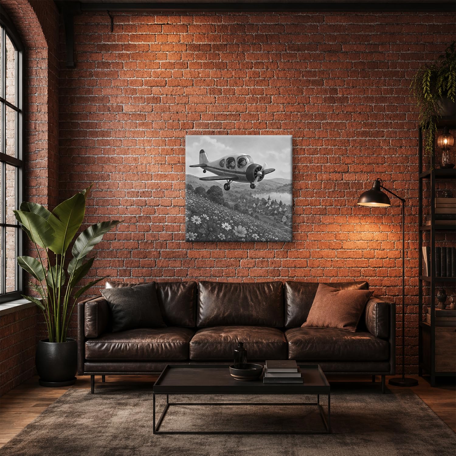 Obraz na płótnie lot dziecka nad kwitnącym krajobrazem 70 x 70 cm
