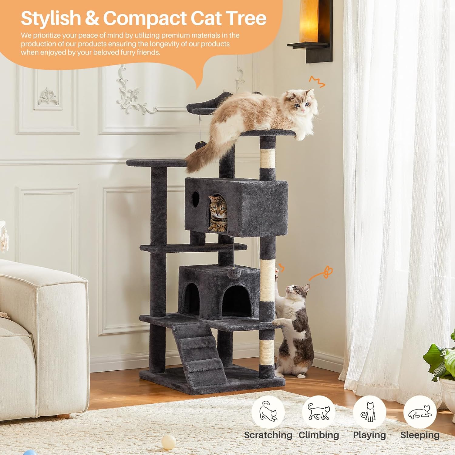 Cat Tree, 54 Inch Cat Tree Tower, Multi-Level Cat Tower with Scratching Post for Indoor Cats, Plush Cat Condo, Cat Play House with Climbing Ladder, Black Grey