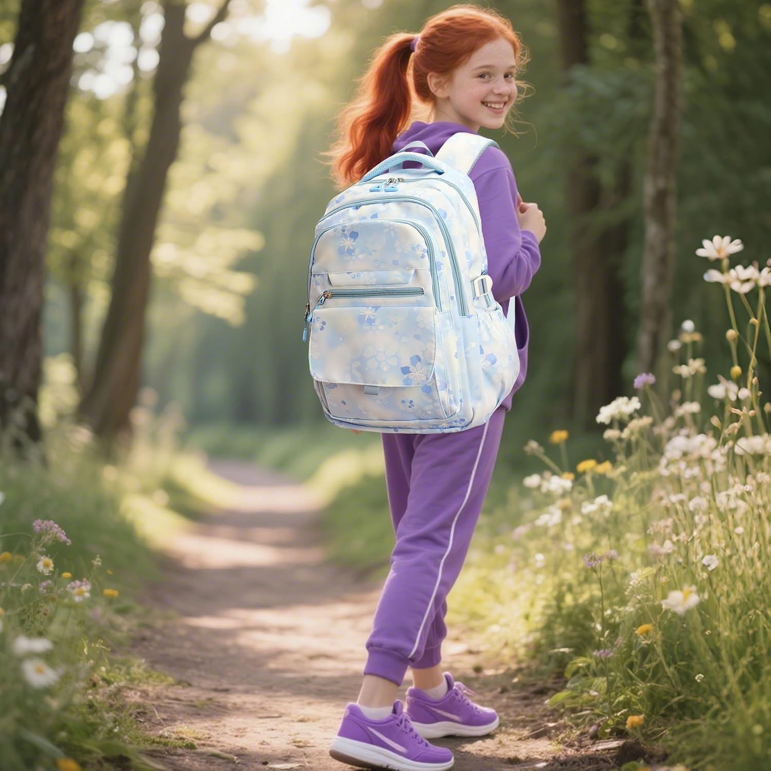 Kids Backpack for Girls Flower schoolbag with Lunch Bag & Pen Case Waterproof Girl Bookbag for Elementary school (blue) - Image 2