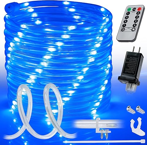 WYZworks Cuerda de luz LED azul de 10 pies, 8 modos, iluminación impermeable para exteriores con control remoto, tubo transparente flexible,