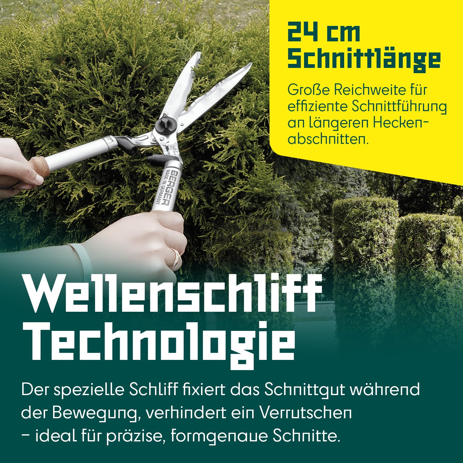 BERGER Heckenschere mit Korkgriff C4595 | Heckenschere manuell mit 24?cm Schnittlänge | Wellenschliff & Anschlagdämpfer | Leichte & langlebige Handheckenschere | KWF-zertifiziert & Made in Germany