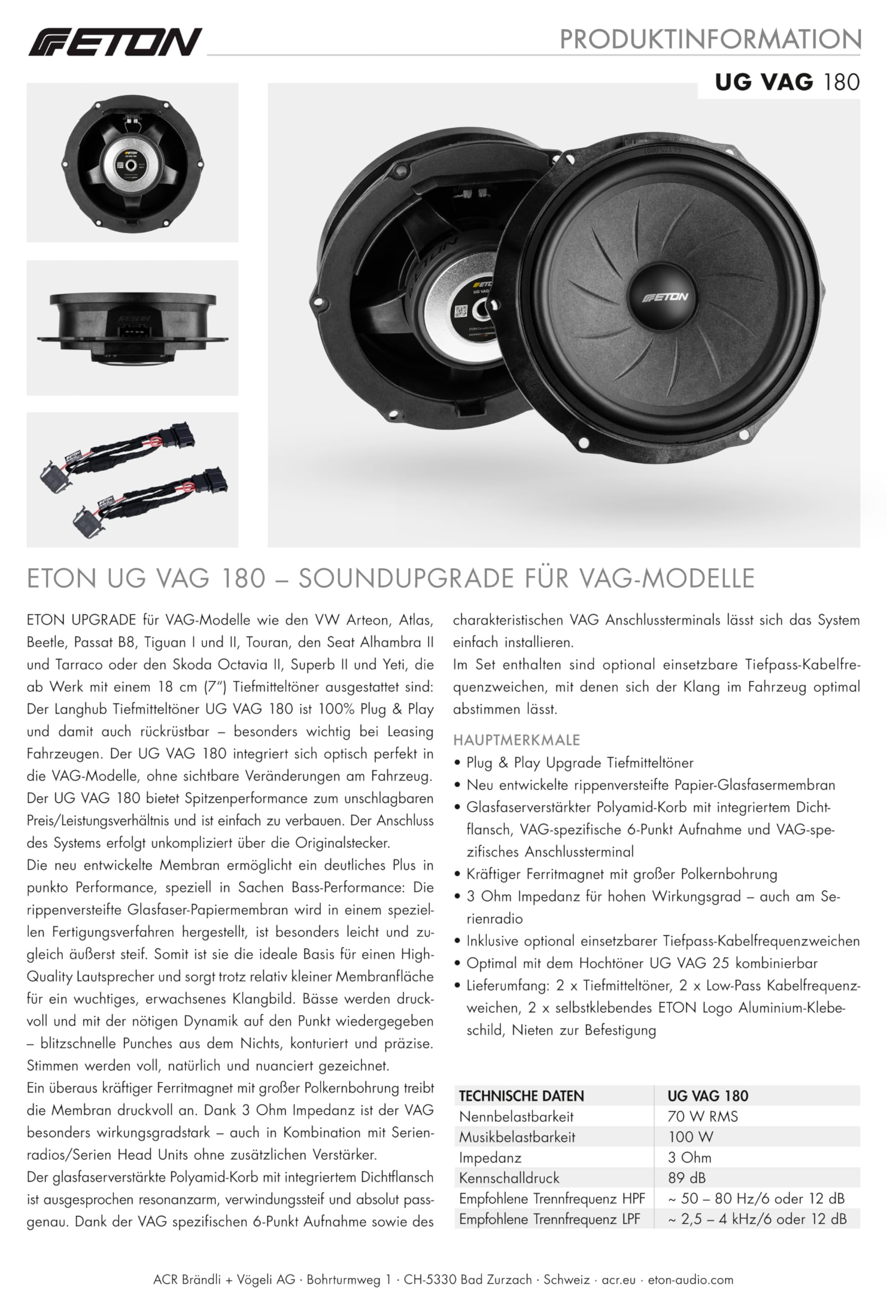 ETON UG VAG 180 – Kraftvoller 18 cm / 7 Zoll Tiefmitteltöner, kompatibel mit VW, Seat, Skoda Fahrzeugen, Plug & Play Langhub Autolautsprecher, 1 Paar