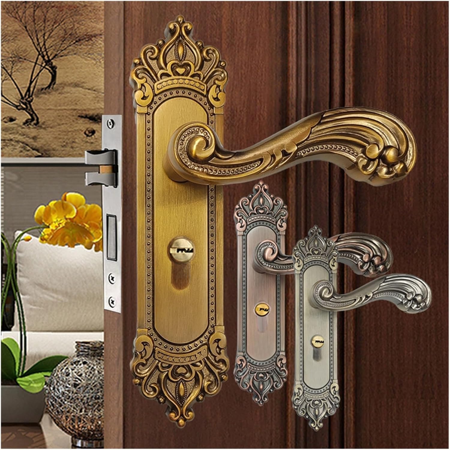 Silent European Door Lock Room Door Lock Bedroom Room Solid Wood Door Lock Imitation Bronze Handle Magnetic Suction(Red Bronze,Big 50 Silent Lock)