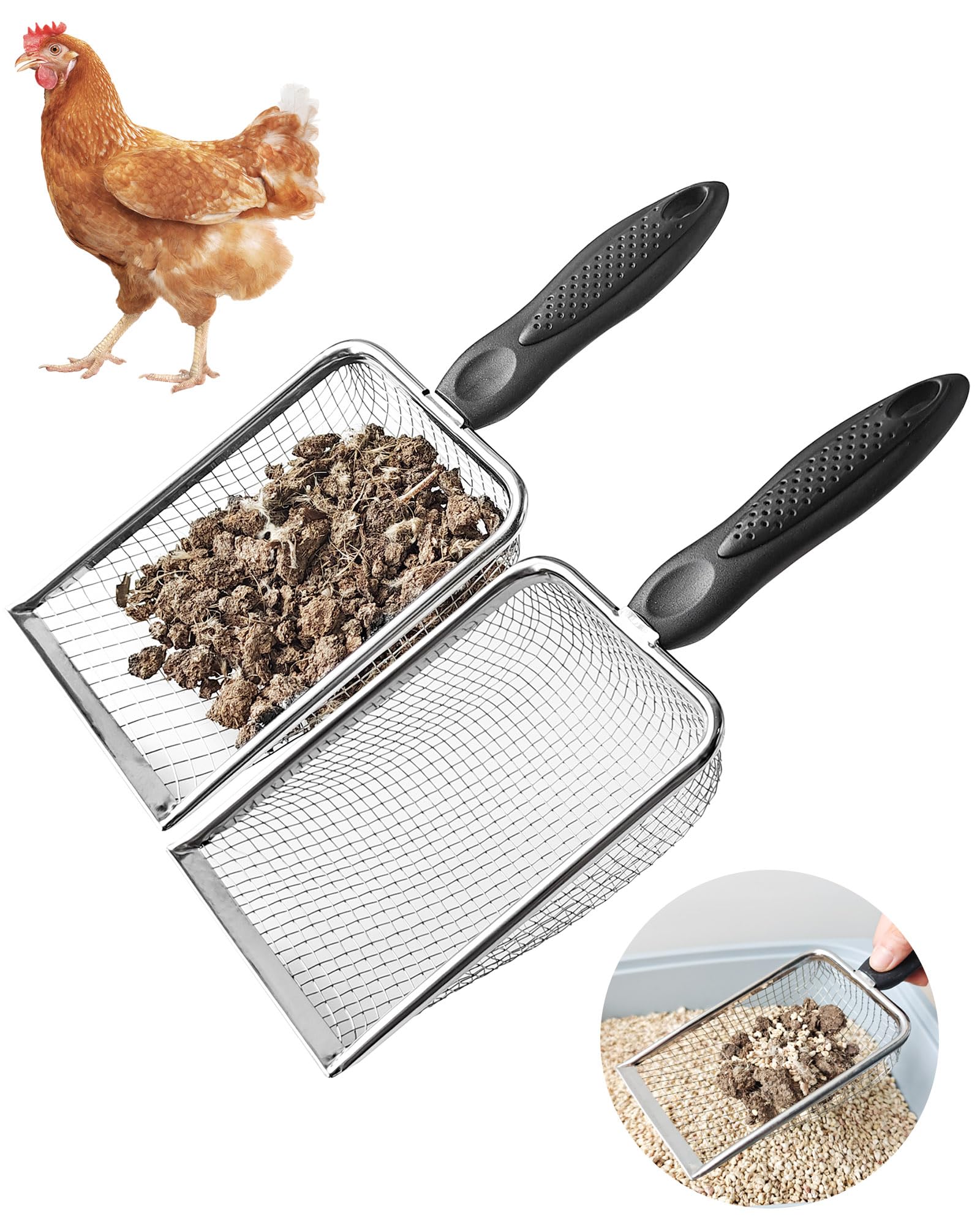 Chicken Poop Scooper Hühnerkotschaufel für Stall,2 Stück, Hühnerstall, Kotschaufel mit 3,8 mm und 5 mm Netz,Metall-Hühnerstallrechen und Schaufel, Siebrechen für Hühnerstreu, Sand, Kot, Hühnerbedarf