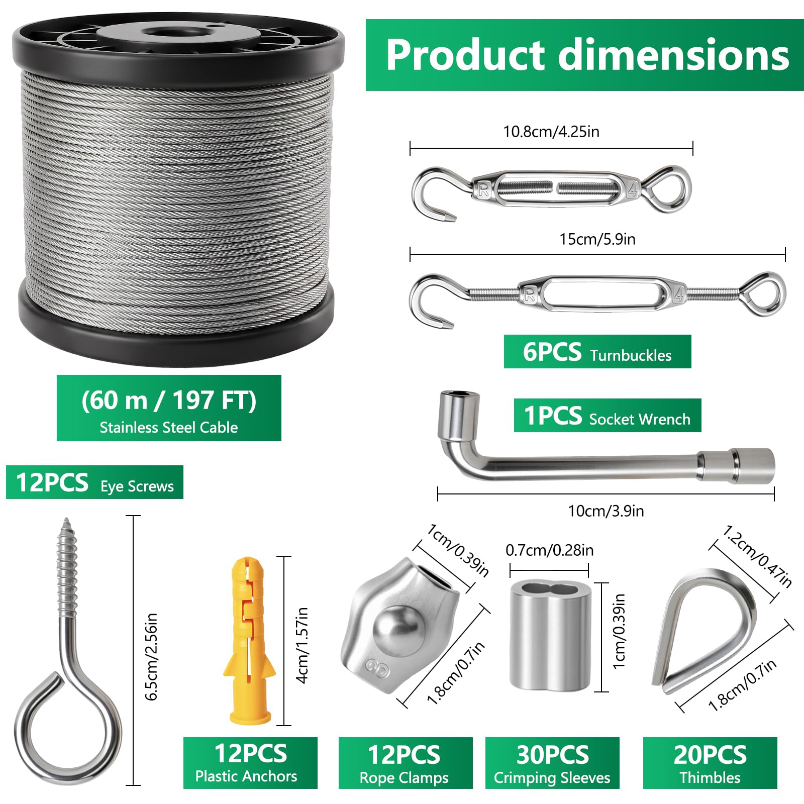 94 Pièces Kit de Câble Métallique en Acier Inoxydable 304, 60M 2 MM Recouvert de PVC avec Tendeur Cable Inox, pour Plantes Grimpantes, Clôture, Treillis, Étendoir Extérieur, Suspension de Luminaires
