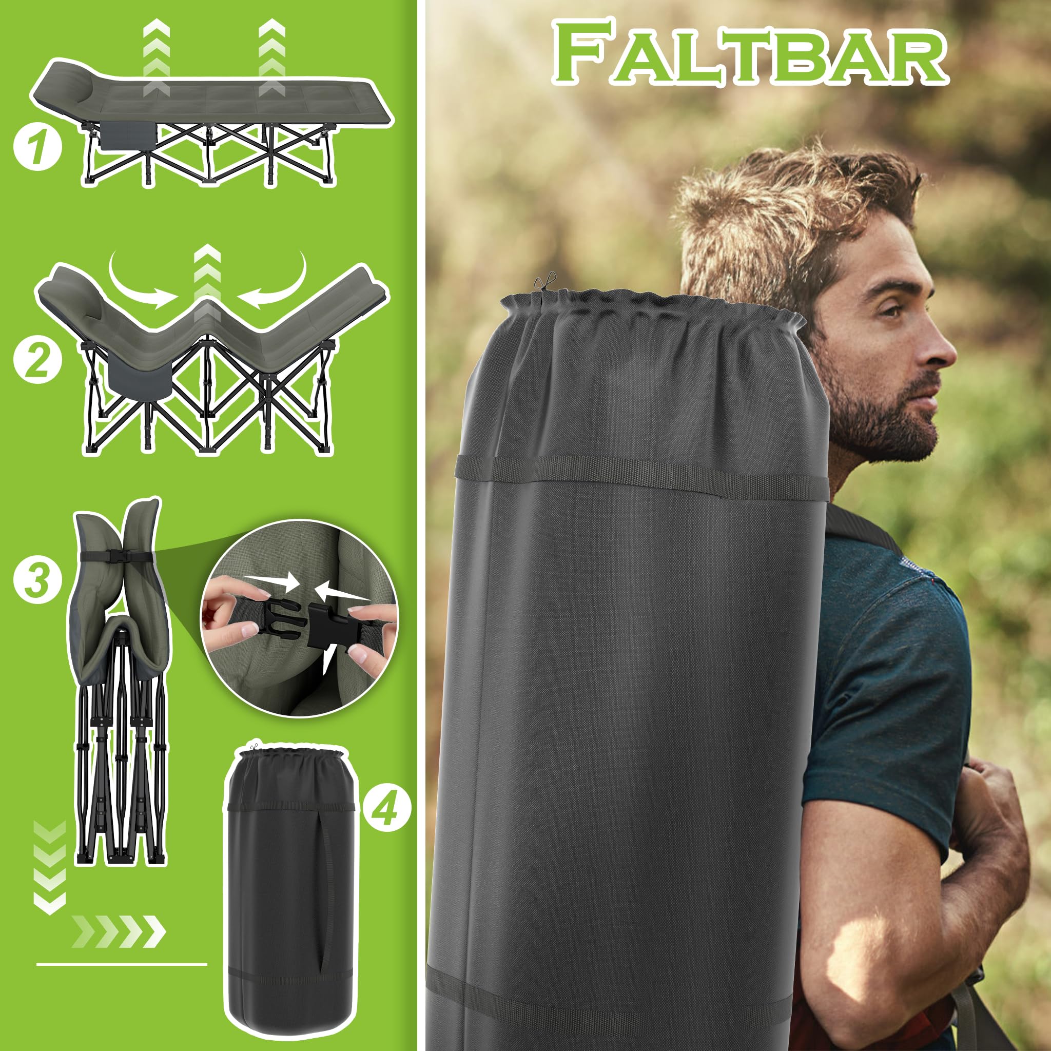FIVMEN Feldbett Klappbar 185x75 cm Klappbett Campingbett mit Matratze, Kissen und Seitentasche Gästebett Karpfenliege Campingliege bis 250kg Belastbar für Outdoor Camping Garten
