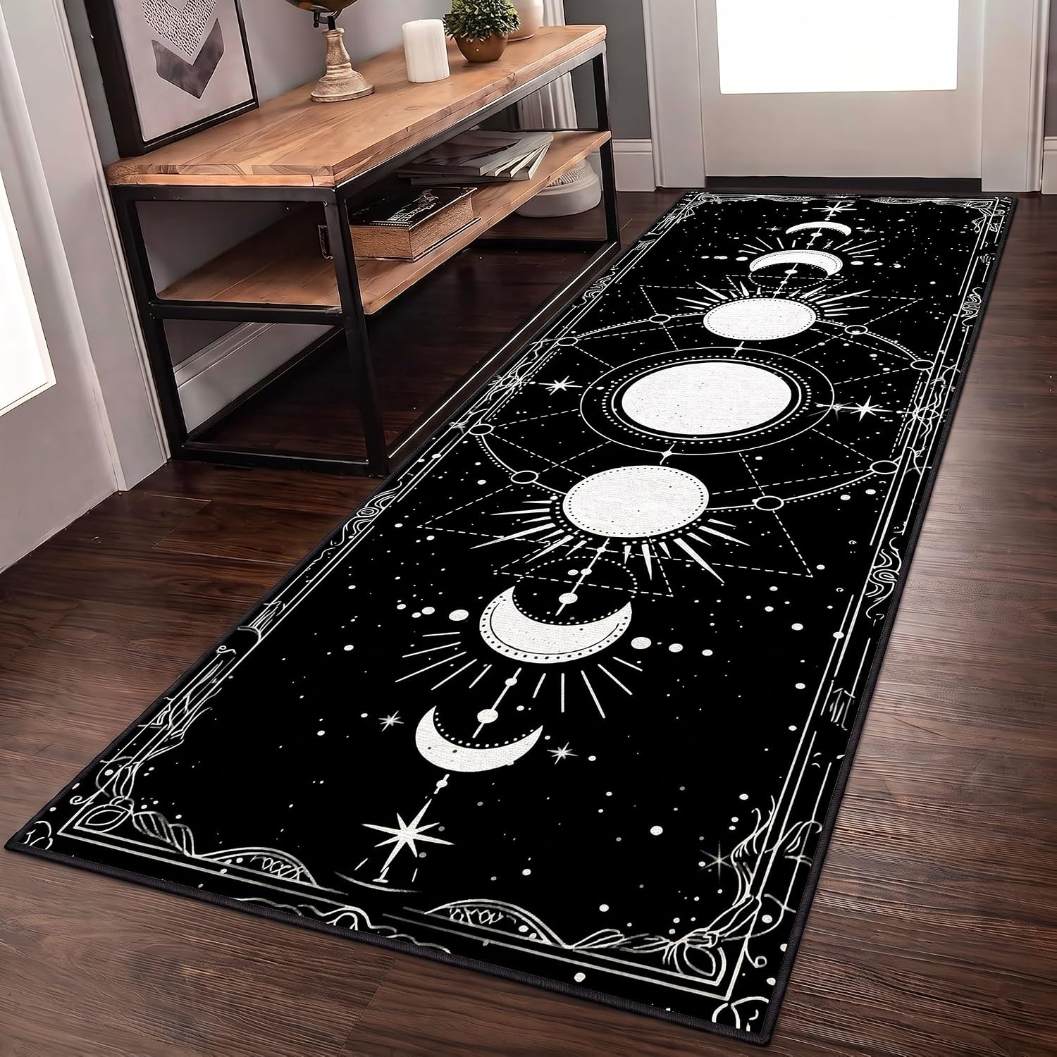 Sun and Moon Runner Rug, 2x6ft, Boho Moon Phase Celestial Night Sky Witchcraft Sun Moon Gothic Area Rugs, Lightweight Easy-Washing Meditation Floor Mat for Hallway Entryway