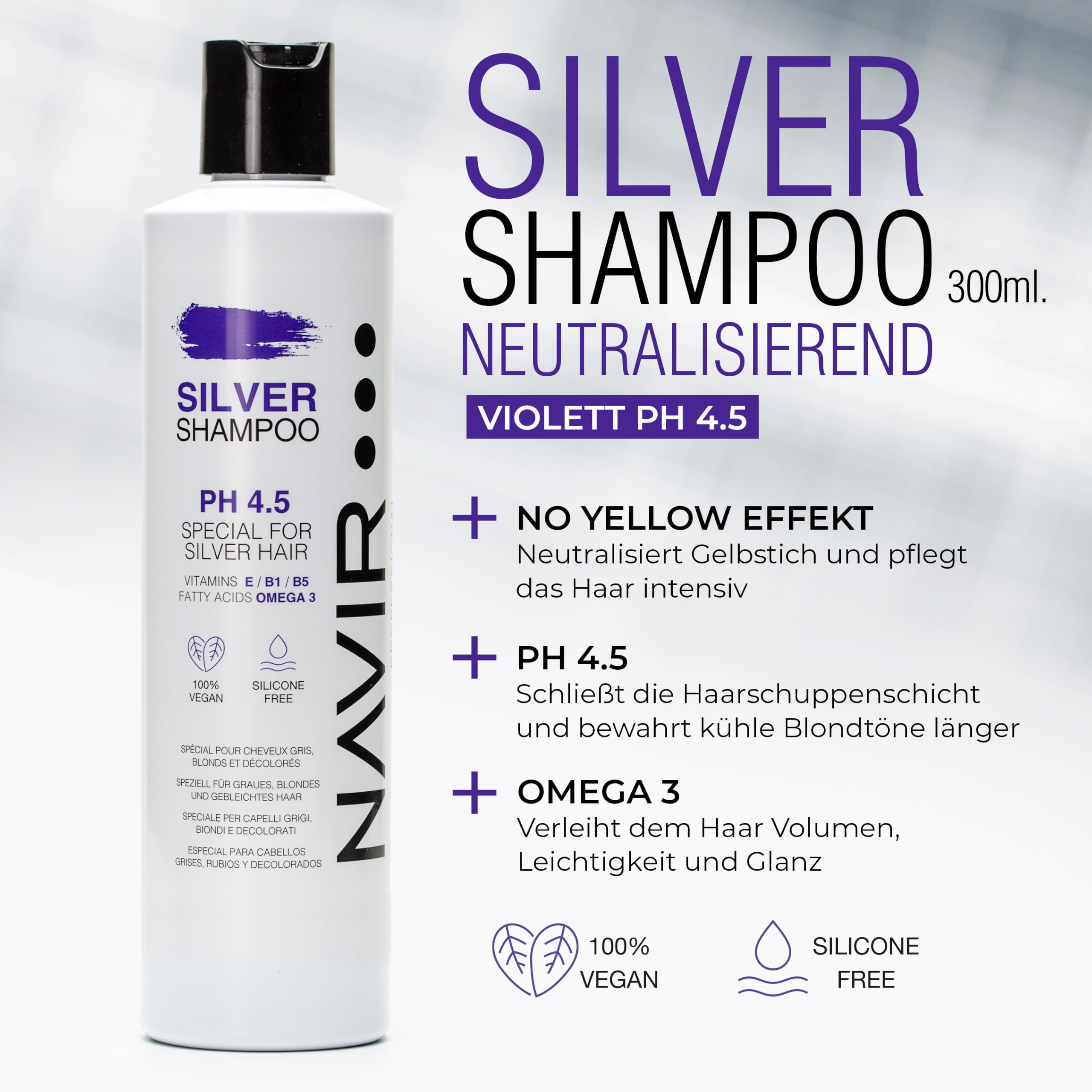 NAVIR Silver Professionelle Silberpflege für blondes, blondiertes, gesträhntes, weißes und graues Haar | Silbershampoo 300 ml + Silbermaske 250 ml