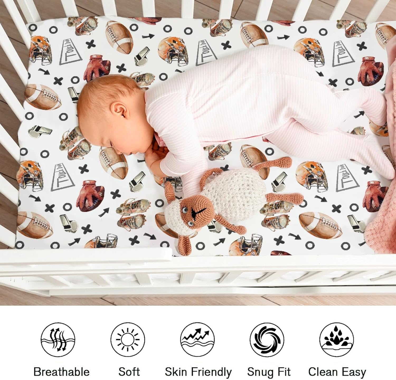 Watercolor American Football Baby Crib Sheets for Boy Girl 52"x28" Outdoor Baby Sports Soft Bed Sheet for Standard Crib and Toddler Mattresses Sports Lovers Gift Snug Fitted Crib Mattress Covers