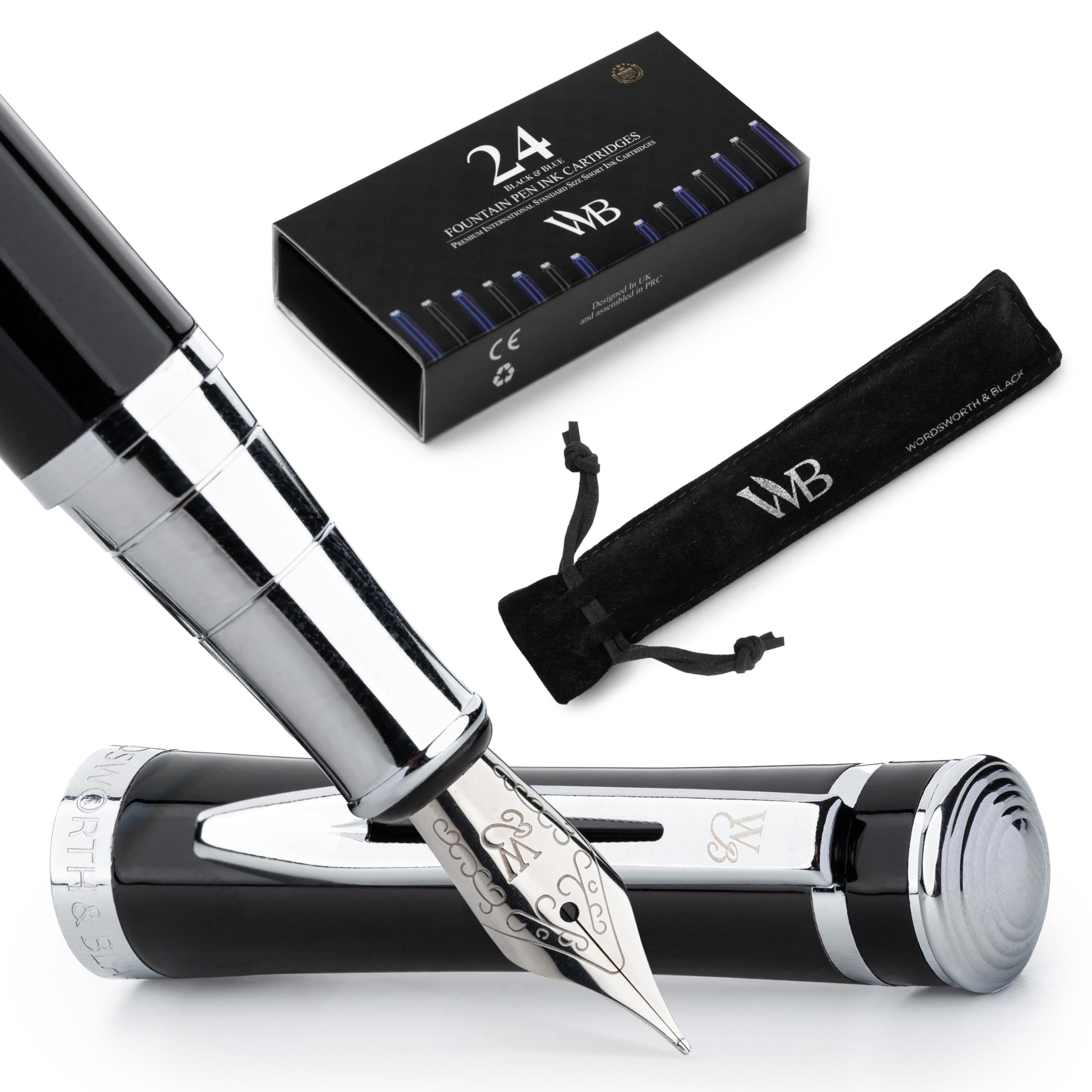 Wordsworth & Black Fountain Pen Set, Medium Nib, Includes 24 Pack Ink Cartridges, Ink Refill Converter & Gift Pouch, Chrome Finish, Calligraphy, [Black Chrome]