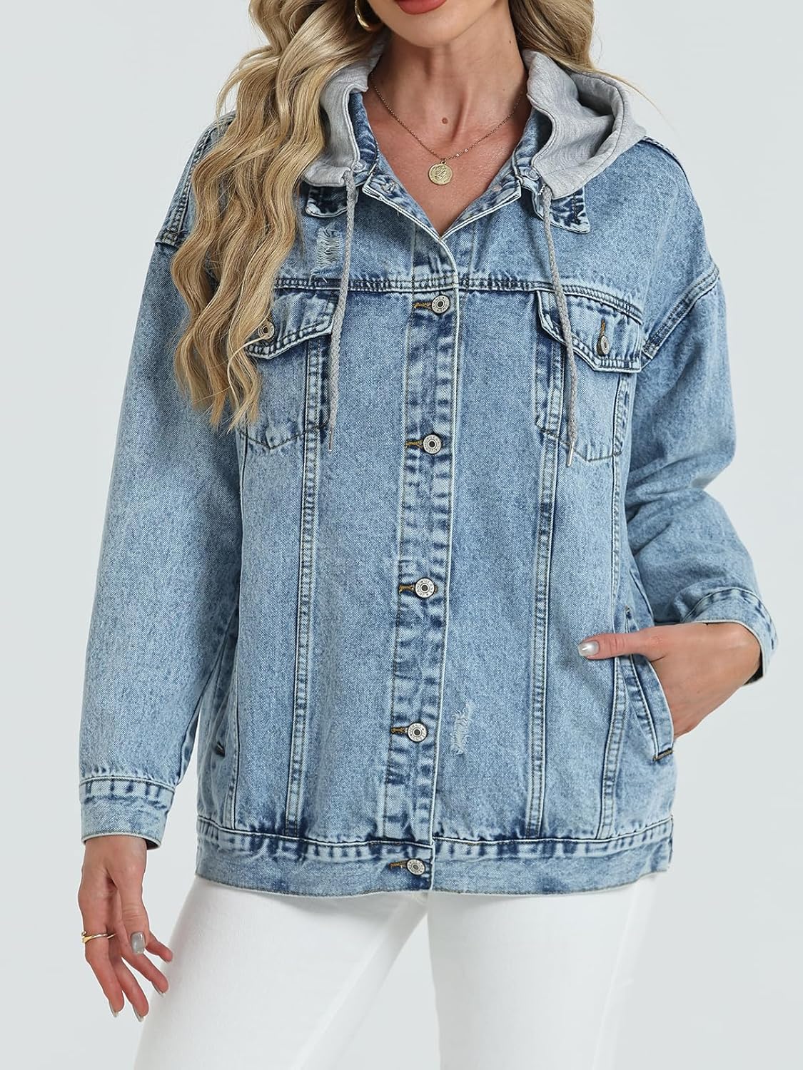 Women's Oversized Denim Jacket Long Distressed Ripped Trucker Jean Jackets Coat With Detachable Hood - Image 3