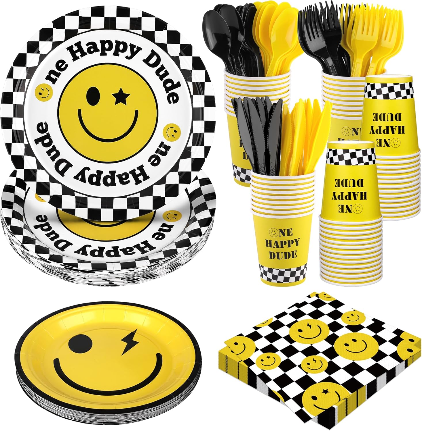 Kochorie 196 Pieces One Happy Dude Birthday Party Decorations Disposable Tableware Set Smiley Face Paper Plates Cups Napkins for One Happy Dude 1st Birthday Preppy Baby Shower Party Decor, Serve 28