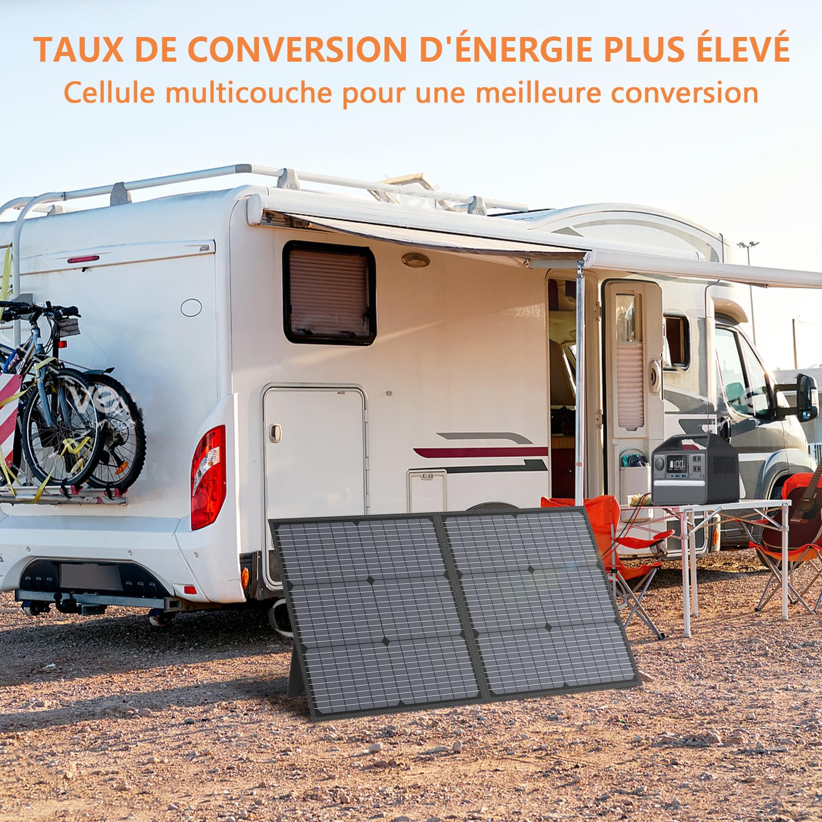 Panneau solaire portable 110W, kit de panneau solaire pliable étanche IP67 avec sortie 20V, module d'efficacité 23.5% pour le camping en plein air, station d'alimentation portable