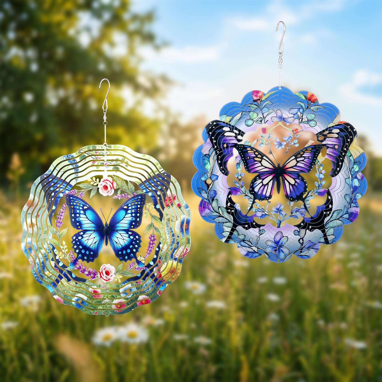 Sliner 2 Pack Butterfly Wind Spinners Outdoor, 10 Inch 3D Stainless Steel Hanging Wind Sculptures for Garden, Patio, Yard Decor, Birthday Gifts for Women Mom