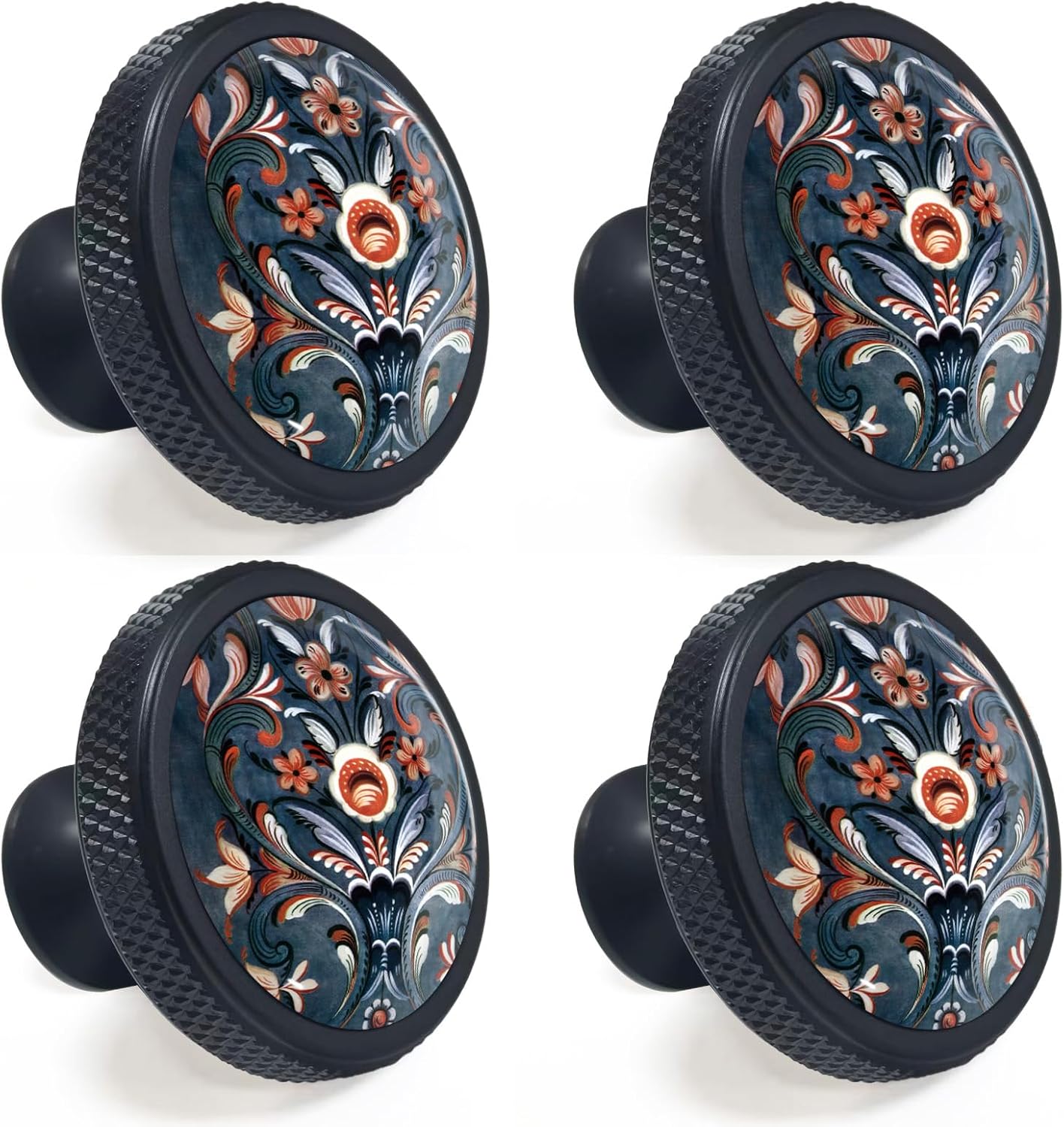 4 Pack Cabinet Knobs Round Matte Black Drawer Pulls, Norwegian Rosemaling Folk Style Hardware Dresser Knob for Bathroom Kitchen