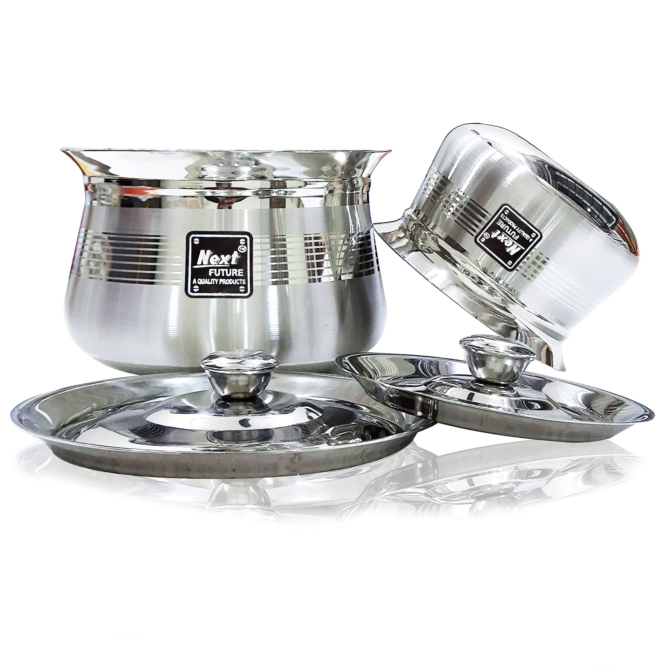 NEXT Future, 450ml & 900ml, Heavy Gauge Royal Matte Finish Arcot / Dahi Stainless Steel Handi / Bartan,Set of 2 Highly Polished Cookware & Serveware Handi set for kitchen (450ml, 900ml with lid & knob)