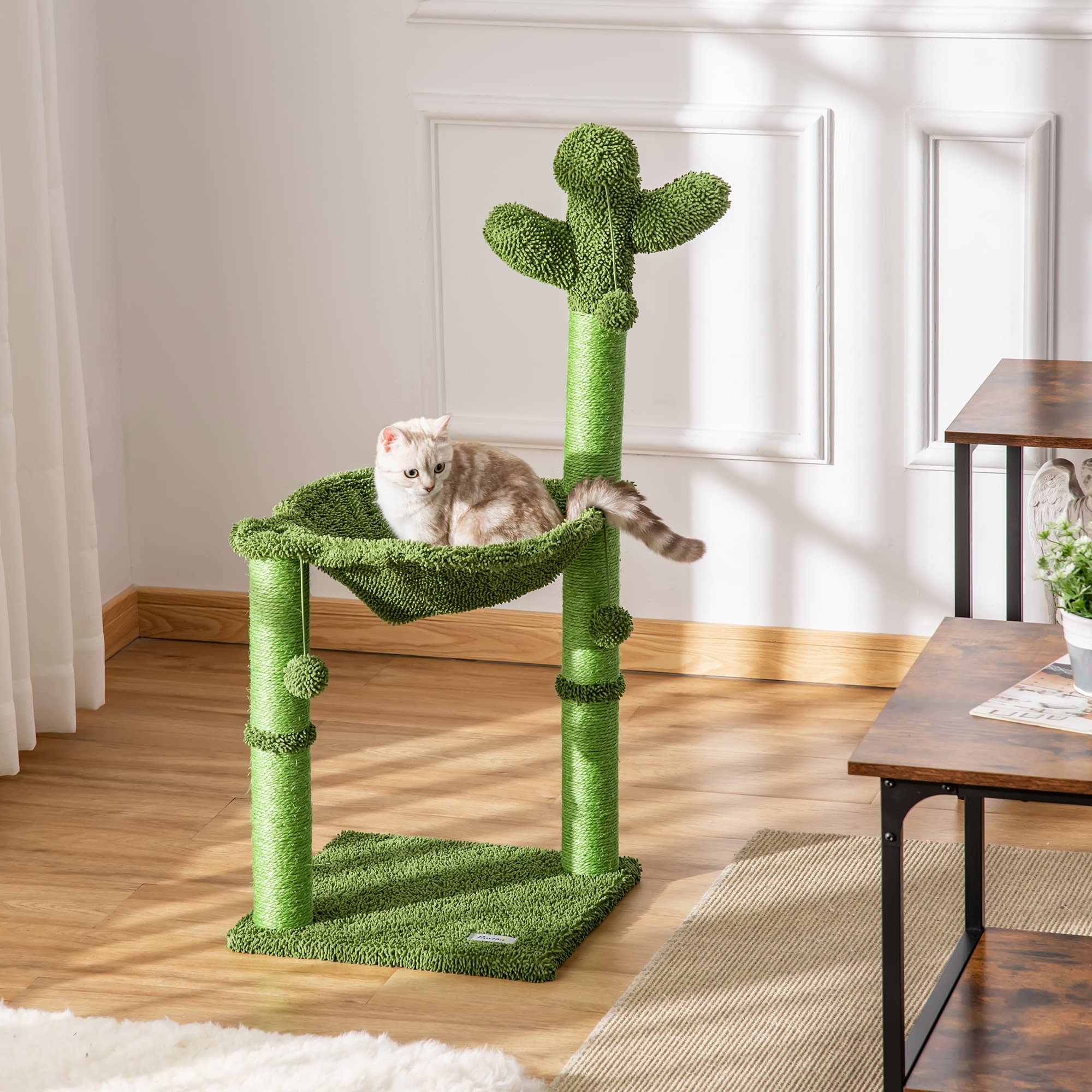 PawHut Albero Tiragraffi per Gatti Adulti e Gattini a Forma di Cactus con Corda Sisal, Palline e Amaca, Altezza 96cm, Verde