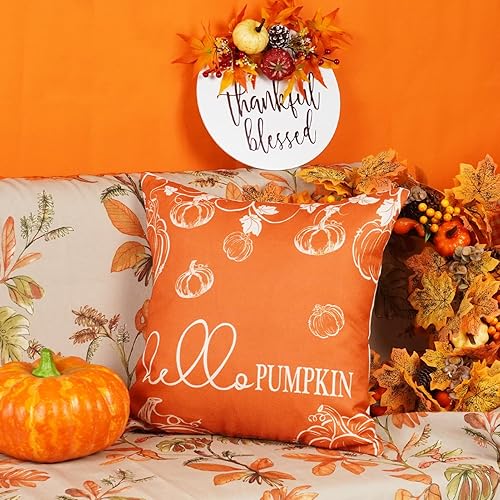 Miniatura 9 de ONWAY Juego de 2 fundas de almohada otoñales de 20 x 20 pulgadas, diseño de calabaza, hojas de arce y calabaza, decoración de otoño, para