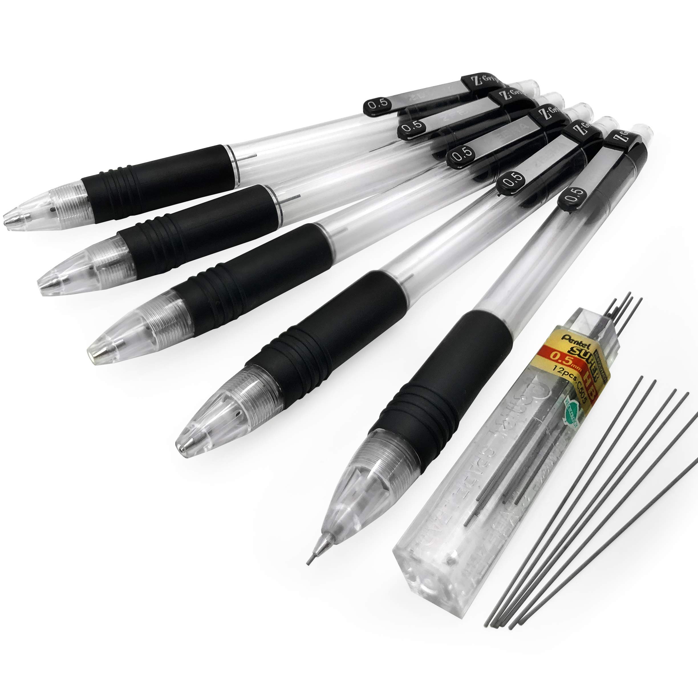 Zebra Z-Grip Mechanical Pencil - 0.5mm - Pack of 5 + 12 Hi-Polymer 0.5mm HB Refill Leads