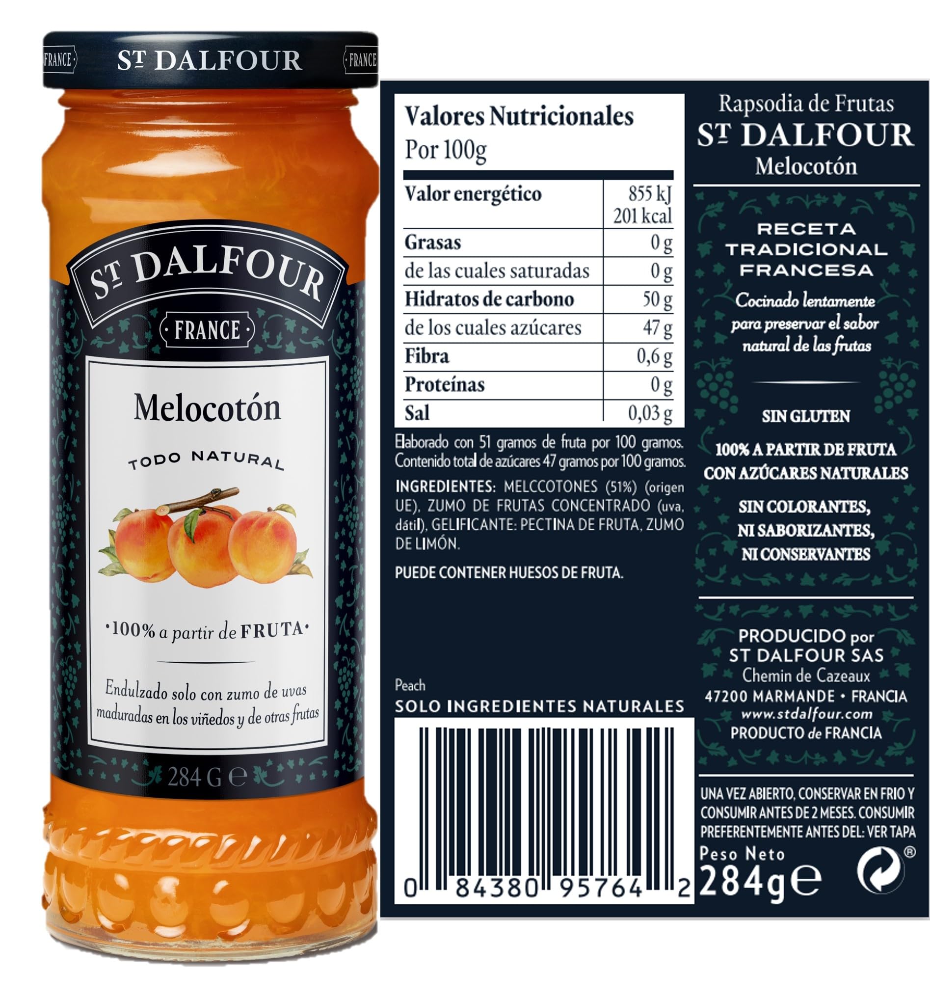 St Dalfour CAJA MIXTA | 2 frascos FRESA, 2 frascos MELOCOTÓN, 2 frascos NARANJA & JENGIBRE | Mermelada natural | Caja 6 frascos x 284gr | 100% fruta sin azúcares añadidos