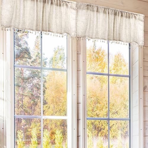 Miniatura 7 de 2 cenefas de cocina con borlas bohemias para tratamiento de ventanas, cenefas de lino boho de 55 x 15 pulgadas, cenefa moderna para filtrar la luz,