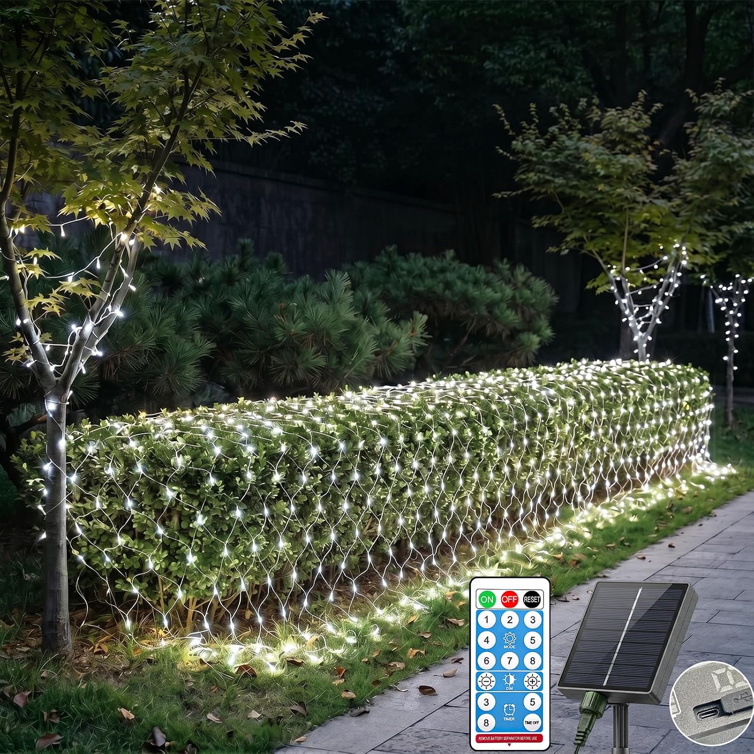 LitHome 11.5x5 FT Solar Net Lights Outdoor Waterproof, 240 LED Solar & USB Powered Christmas Bush Lights, Remote Control 8 Modes Mesh Light for Bushes Garden Lawn Yard Fence Decor Cool White
