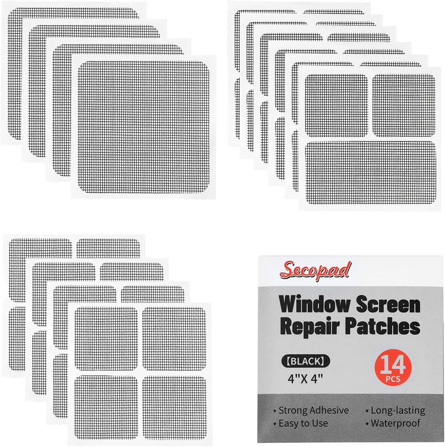 Secopad 14 Sheets Window Screen Patches Repair Kit, Black 3 Sizes Window Screen Repair Kit for Mesh Screen Door, Strong Adhesive Fiberglass Quick Screen Repair Tape